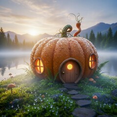 Enchanting Pumpkin House at Sunrise in Fantasy Forest.