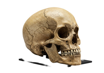 Obraz premium Ultra-detailed ancient human skull with weathered bone and cracks on a polished black base against a solid transparent background under high-key studio lighting, historical reverence