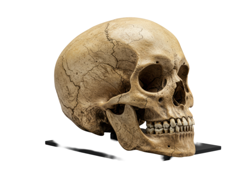 Ultra-detailed ancient human skull with weathered bone and cracks on a polished black base against a solid transparent background under high-key studio lighting, historical reverence