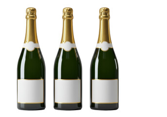 Four identical premium glass champagne bottles with elegant gold and silver foil closures, blank white labels, isolated on a seamless transparent background with high-key lighting, concept of luxury