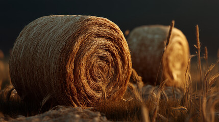 Golden hay bales in agricultural field at sunset