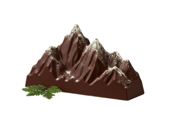 Premium, artisanal dark chocolate bar sculpted as a majestic mountain range with snow-capped peaks and green chocolate leaves, isolated on transparent background. High-end gourmet product concept for