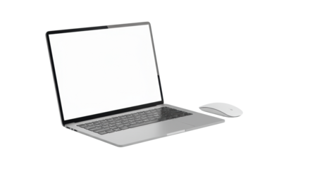 Sleek silver laptop with blank white screen, minimalist mouse, centered on a solid transparent background, no shadows, 45-degree high-angle studio shot. Concept of modern product design