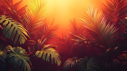 tropical jungle foliage background with green palm leaves and sunlight shining through red orange sunset exotic nature rainforest illustration.