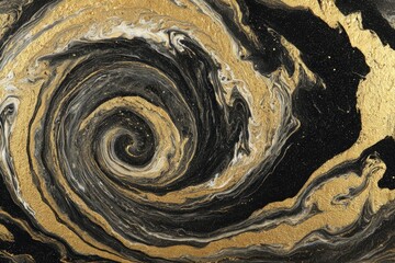 Swirling abstract design with gold, black, and white marbled effect