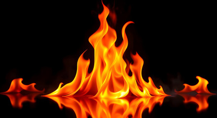 hyper realistic flames, dynamic orange and red colors, intense flickering fire, dramatic lighting, dark black background, 8k, highly detailed, intricate, photorealistic