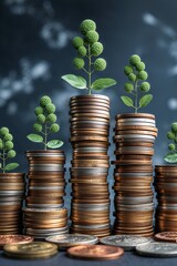Financial growth concept with coin stacks and growing plants, symbolizing investment and prosperity in business