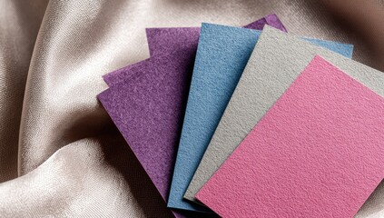 Four different color notecards or business cards on a smooth, flowing beige satin surface