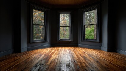 Empty bay window room, autumn woods view, hardwood floor, interior design