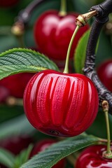 Vibrant ripe cherries glistening with juicy freshness, perfect for food blogs, health articles, and summer marketing campaigns