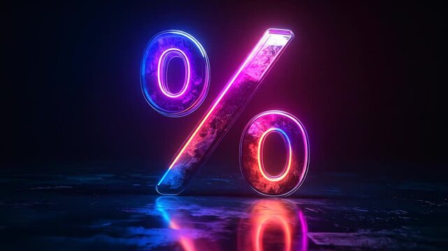 Neon Percentage Sign Glowing Brightly.