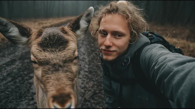 Cheerful blond hiker with a backpack happily records a selfie video with a sweet wild deer in a misty forest, capturing a special bond between humans and animals during their hike