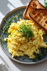 Fluffy scrambled eggs with fresh herbs and toasted bread, a delicious breakfast meal for food bloggers and restaurants