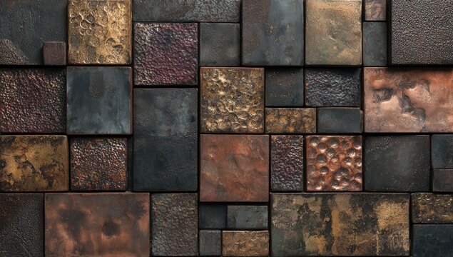 Abstract mosaic of textured metal squares in varying shades of brown, copper, and dark gray