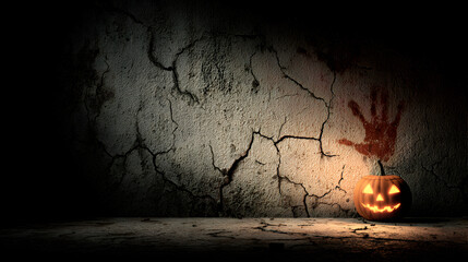 Creepy cracked wall with Halloween pumpkin graffiti glowing in eerie light
