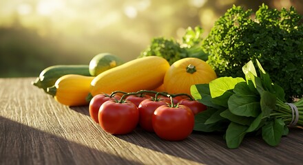 A fresh assortment of ripe vegetables including tomatoes, zucchini, squash, and leafy greens, bathed in warm sunlight