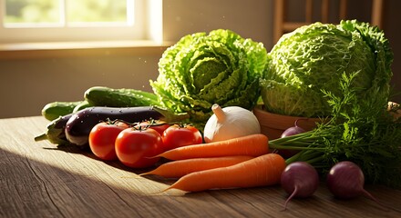 Fresh assortment of garden vegetables including lettuce, cucumbers, eggplant, tomatoes, carrots, and onions