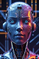 Stunning futuristic cyborg portrait with glowing eyes, showcasing cutting-edge AI technology and innovation in a vibrant, modern design