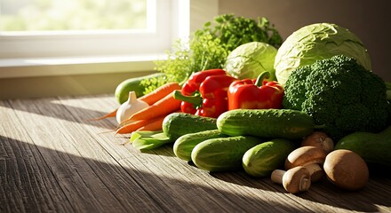 A bountiful harvest of assorted vegetables such as carrots, bell peppers, cucumbers, cabbage, and mushrooms on a wooden surface