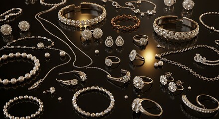 A luxurious collection of diamond jewelry including necklaces, bracelets, rings, and earrings, all sparkling