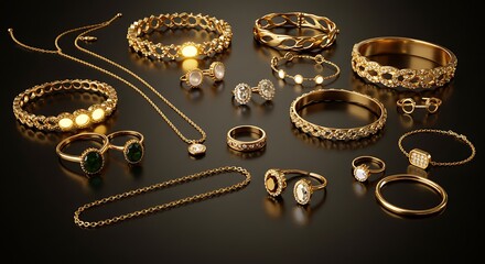 A stunning assortment of gold jewelry, including intricate necklaces, bracelets, rings, and earrings with unique designs