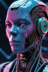 Futuristic cyborg face with glowing circuits and vibrant neon lighting, perfect for technology and AI concepts