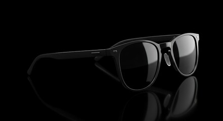 Sleek black sunglasses with dark lenses and a modern frame, presented on a reflective black surface for a sophisticated look