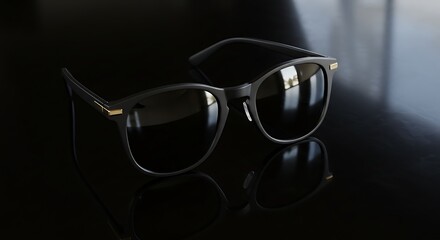 Elegant black sunglasses with subtle gold accents on the frame, featuring dark lenses and a reflective surface in a studio setting