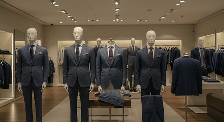 Mannequins dressed in stylish blue suits and ties displayed in a welllit retail store
