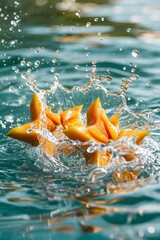 Vibrant starfruit slices splash into water creating a refreshing burst perfect for summer, tropical themes, and healthy lifestyle.