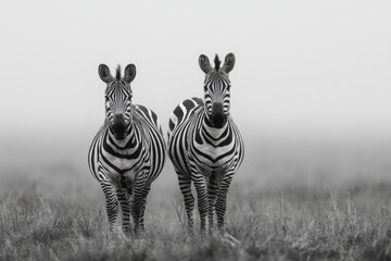 Fototapeta premium Two zebras in monochrome. A grayscale image of two zebras facing forward in a grassy plain. The light is soft, suggesting a misty or foggy morning. The animals are centered, with a neutral backdrop