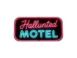 Hallunted motel neon sign isolated on transparent background for halloween party