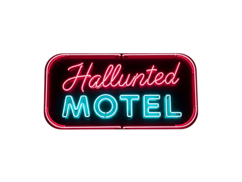Hallunted motel neon sign isolated on transparent background for halloween party