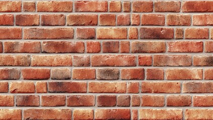 Fototapeta premium A close-up view of a brick wall. The bricks are a mix of muted terracotta, orange, and brown tones, with some variations in shade. The mortar is a light beige.
