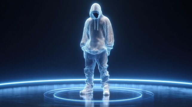 Holographic streetwear model in hoodie on glowing platform, neon background, futuristic fashion - Powered by Adobe