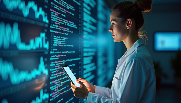 Female Scientist Analyzing Data on Computer in Medical Laboratory