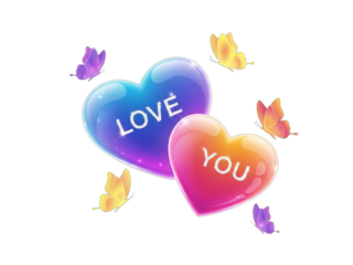 Two hearts with the words love you and butterflies isolated on transparent background