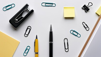 Office supplies arranged creatively on a white background, ideal for business branding and creative projects