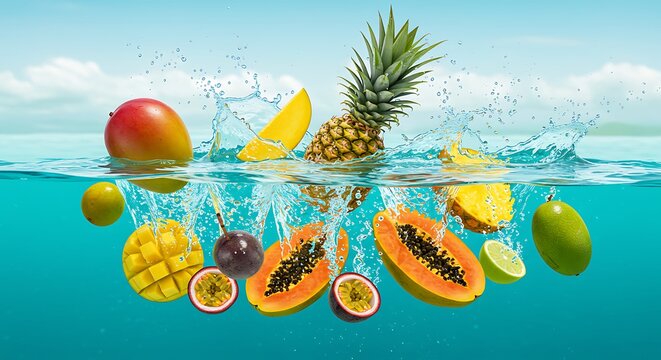 A colorful collection of exotic fruits, including pineapple, mango, and passionfruit, splashing into turquoise water