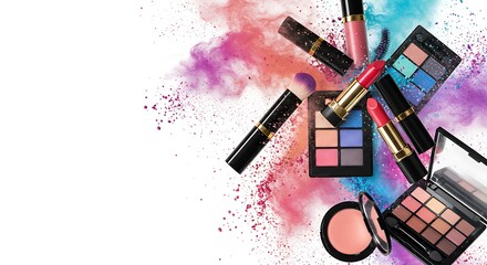 Assortment of makeup products, including eyeshadow palettes, lipsticks, and brushes, exploding with colorful powder on a white background