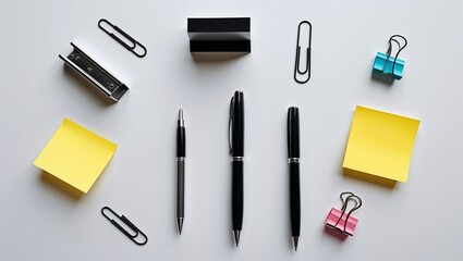 Elegant office supplies arranged on white background with pens, sticky notes, and paper clips for business and design projects