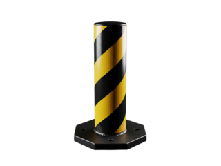 Black and yellow striped safety bollard for traffic control mounted on a hexagonal base isolated on transparent background.