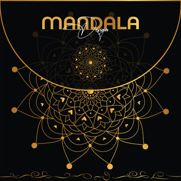 Illustration of golden mandala design with intricate patterns on a black background, elegant and spiritual art