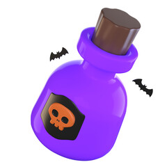 3d Halloween Wizard  magic Potion bottle with a Bat orange Skull on black label