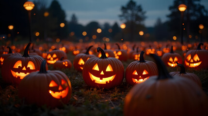Pumpkin patch at dusk with fireflies cinematic Halloween lighting