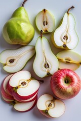 Fresh, vibrant pears and apples sliced and arranged on a white background, perfect for healthy eating and culinary visuals