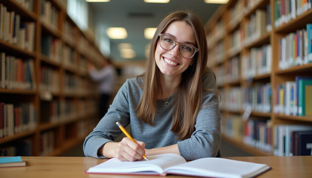 Focused Woman Studying and Writing at Wooden Table Indoors