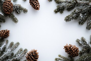 Winter frame of pine branches and pinecones for holiday decor and peaceful seasonal mood