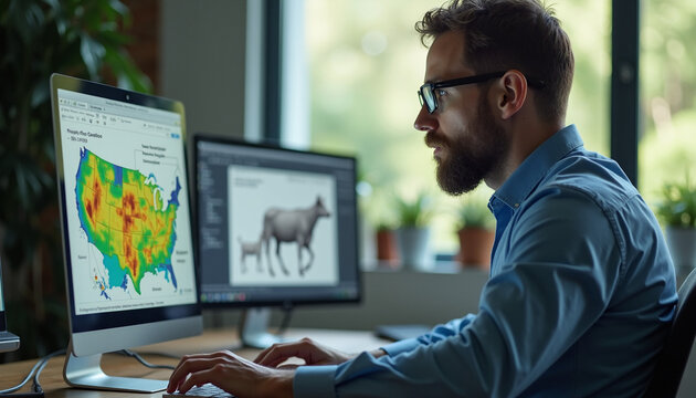 Man Working on Computer in Modern Office Workspace