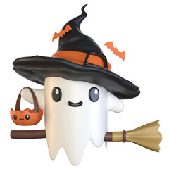 3d adorable ghost character halloween witch with a broom Pumpkin Bat